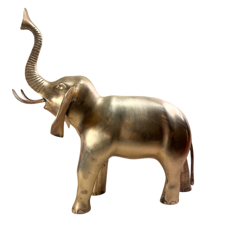 Brass Elephant Statue Trunk Up Good Luck Figurine Made in Korea 13.5 In Vintage